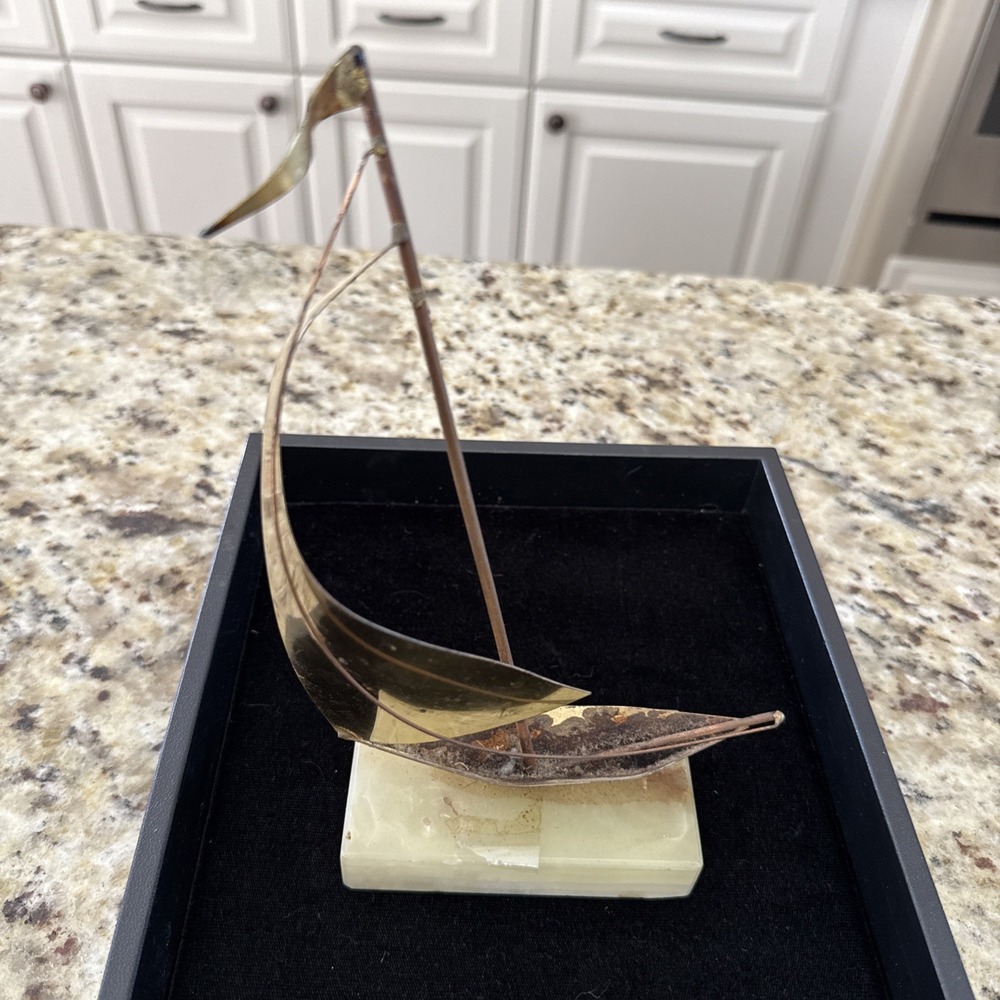 Vintage MCM Mid‎ Century Sailboat Sculpture Brass on Stone Base 4307